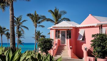 Pink coastal house with white steps, palm trees, and a blue sea in the background, sunny day.
