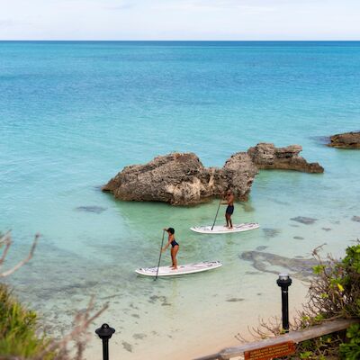 Two people stand on surfboards near a rocky shoreline, turquoise water, light beach, and leafy foreground framing a sunny coastal scene.