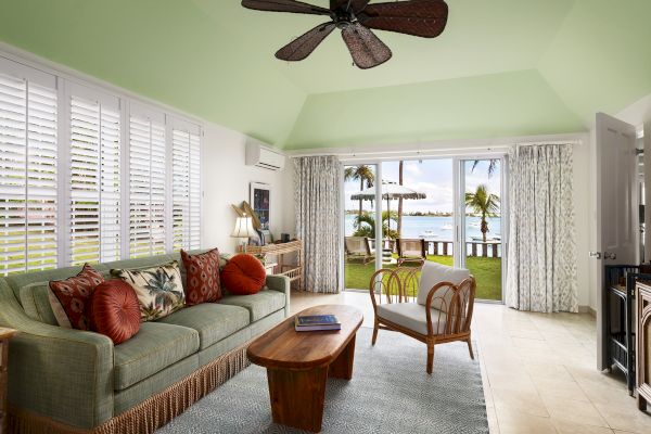The image shows a living room with green walls and ceiling, tropical-themed furniture, and a view of a patio leading to a lawn with palm trees.