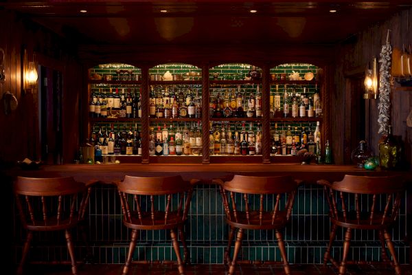 The image shows a cozy bar with a wooden counter and bar stools in front, and shelves filled with various bottles of alcohol behind.