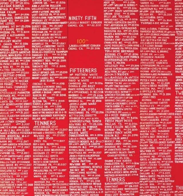 A densely packed red page of tiny white text listing numbers and names, like a directory or table of numbers and places, very text-heavy.