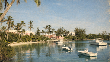A tropical waterfront with palm trees, calm blue water, small boats near a sandy shore and pastel houses in the background, sunny and serene.
