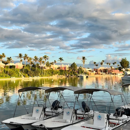 A marina with calm water, palm trees, colorful houses, and rowboats in the foreground under a partly cloudy sky.