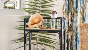 A beverage cart is stocked with drinks, glasses, a conch shell, and a leafy plant beside a window with shutters and patterned curtains, ending the sentence.