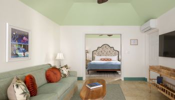 A cozy living room with a green ceiling, green sofa, and wooden table, leading to a bedroom with a large bed. Decor includes a TV and art.