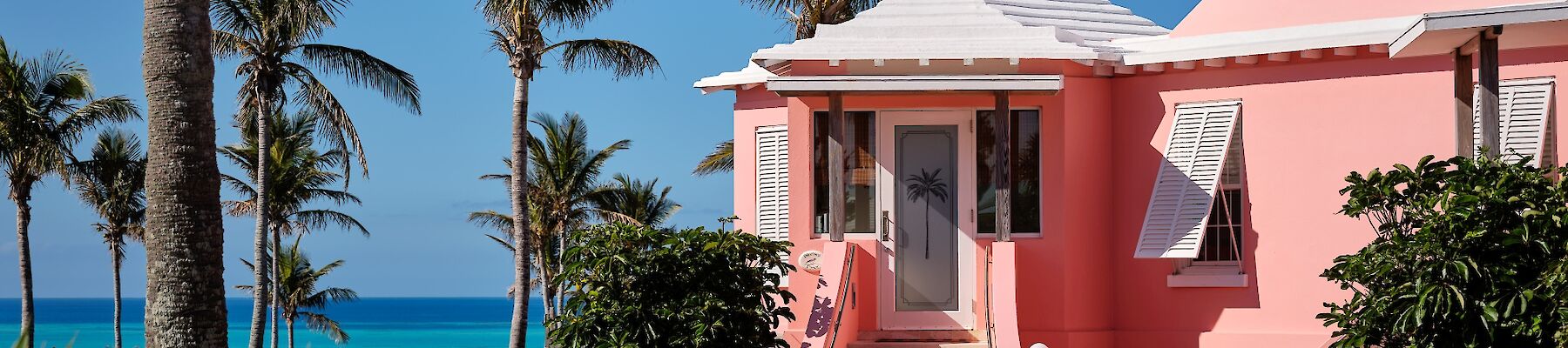 A pink house by the sea with palm trees, a bright blue sky, and tropical greenery all around, near the ocean.