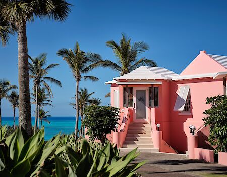 A pink house by the sea with palm trees, a bright blue sky, and tropical greenery all around, near the ocean.