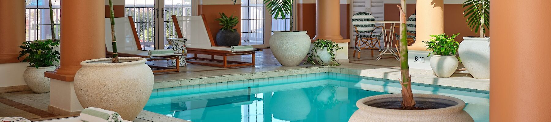 A luxurious indoor pool area with lounge chairs, palm plants, and terracotta columns under a glass roof, creating a tropical hotel vibe.