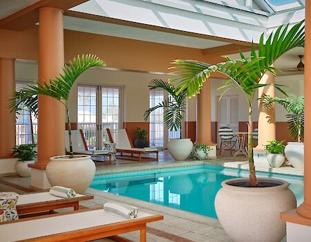 A luxurious indoor pool area with lounge chairs, palm plants, and terracotta columns under a glass roof, creating a tropical hotel vibe.