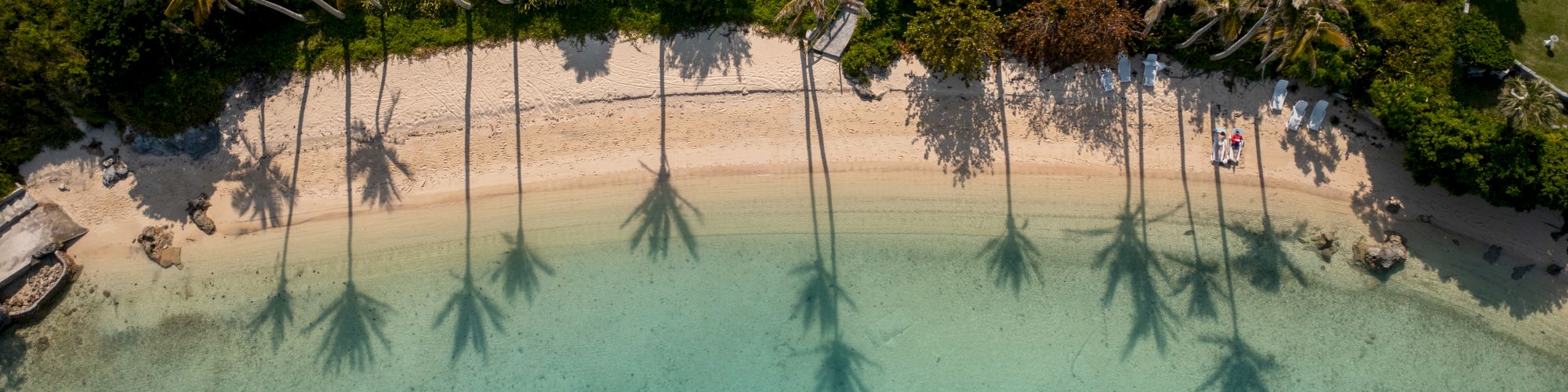 An aerial view of a beach with clear turquoise water, palm tree shadows on the sand, and houses with greenery along the shoreline, ending the sentence.