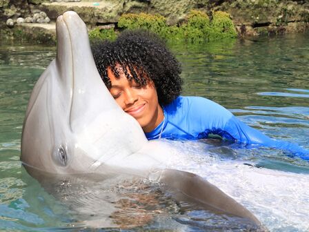 A woman in a blue swimsuit swims with a friendly dolphin in a lake, gently touching its body.
