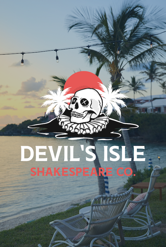 The image shows a tropical outdoor scene with palm trees, lounge chairs, and a calm body of water. An overlay logo reads "DEVIL'S ISLE SHAKESPEARE CO."