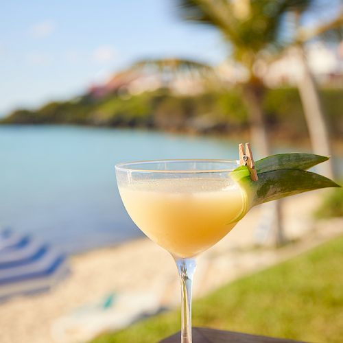 A glass of a yellow cocktail garnished with a pineapple slice, set on a table by the beach with a palm tree and sea in the background always ending the sentence.