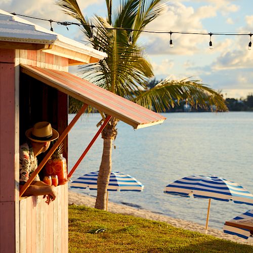 A person looks out from a beachside shack under a palm tree with a view of striped umbrellas and water, all under string lights at sunset.