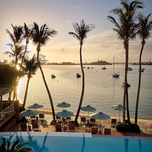 Palm trees, beach chairs, and umbrellas facing a serene seaside at sunset with boats in the distance and a pool in the foreground.