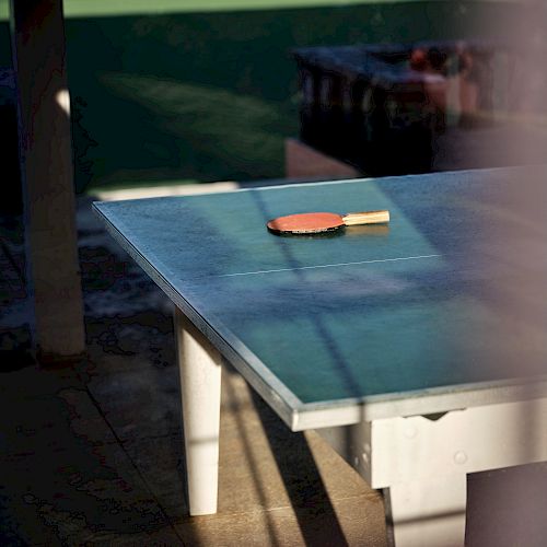 The image shows a ping pong table with two paddles on it. The background includes a playing area with lines and shadows.