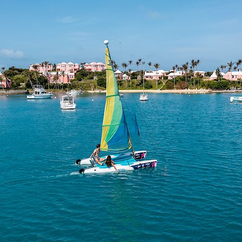 A sailboat with two people glides on blue water, surrounded by other boats and buildings with palm trees in the background.