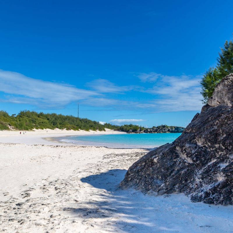 A sandy beach with clear blue skies, crystal blue water, lush greenery, and large rock formations in the foreground can be seen in this image.