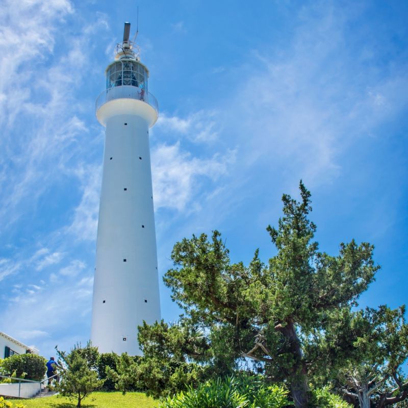 The image shows a tall white lighthouse standing against a bright blue sky with some clouds, surrounded by greenery and trees at its base.