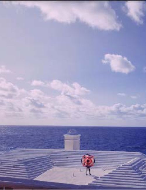 A person stands on a white staircase-like structure near the ocean, holding a life preserver. The background features a clear sky with clouds.