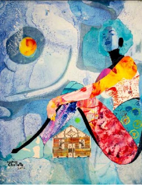 A vibrant painting depicts a seated figure with blue hair and multi-colored clothing against an abstract background with circular and geometric patterns.