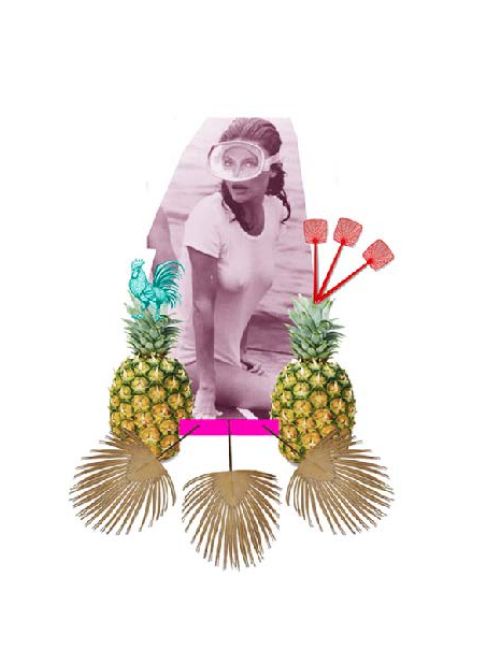 The image features a collage with a woman in a swimsuit wearing goggles, surrounded by pineapples, palm leaves, and drink stirrers in an abstract arrangement.