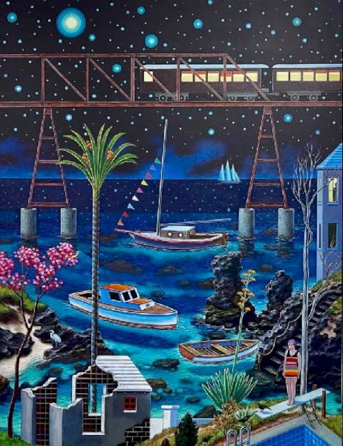 This image is a vibrant, night scene depicting boats in the ocean, homes, and a bridge with a train, under a starry sky with a palm tree.