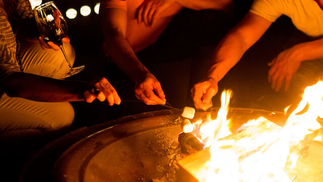 People are gathered around a fire, roasting marshmallows on skewers. One person is holding a glass, possibly with a beverage in it.