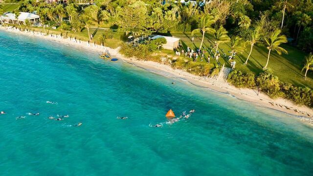 An aerial view of a beach with people swimming near the shore, surrounded by lush greenery and palm trees, and several buildings in the background.