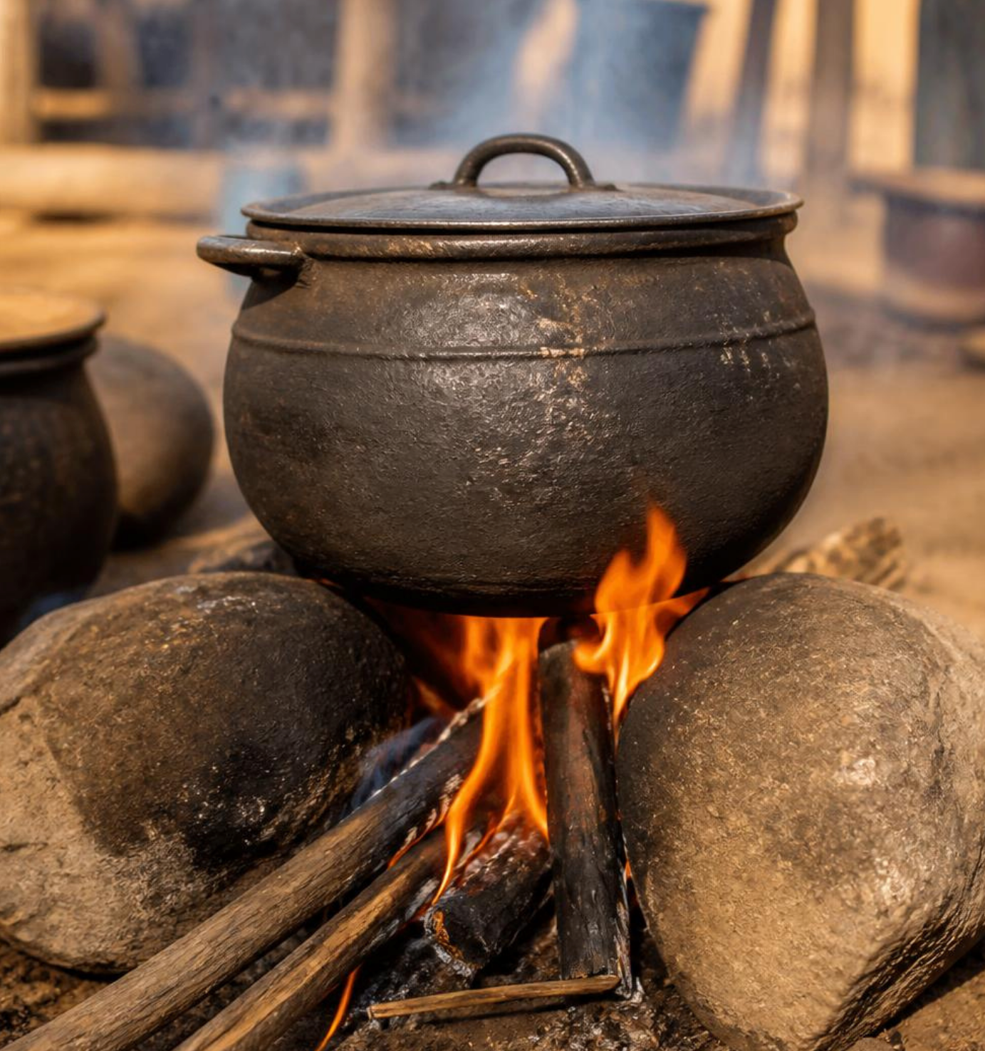 A cast-iron cauldron with lid boils over an open wood fire, outdoors on a stone hearth.