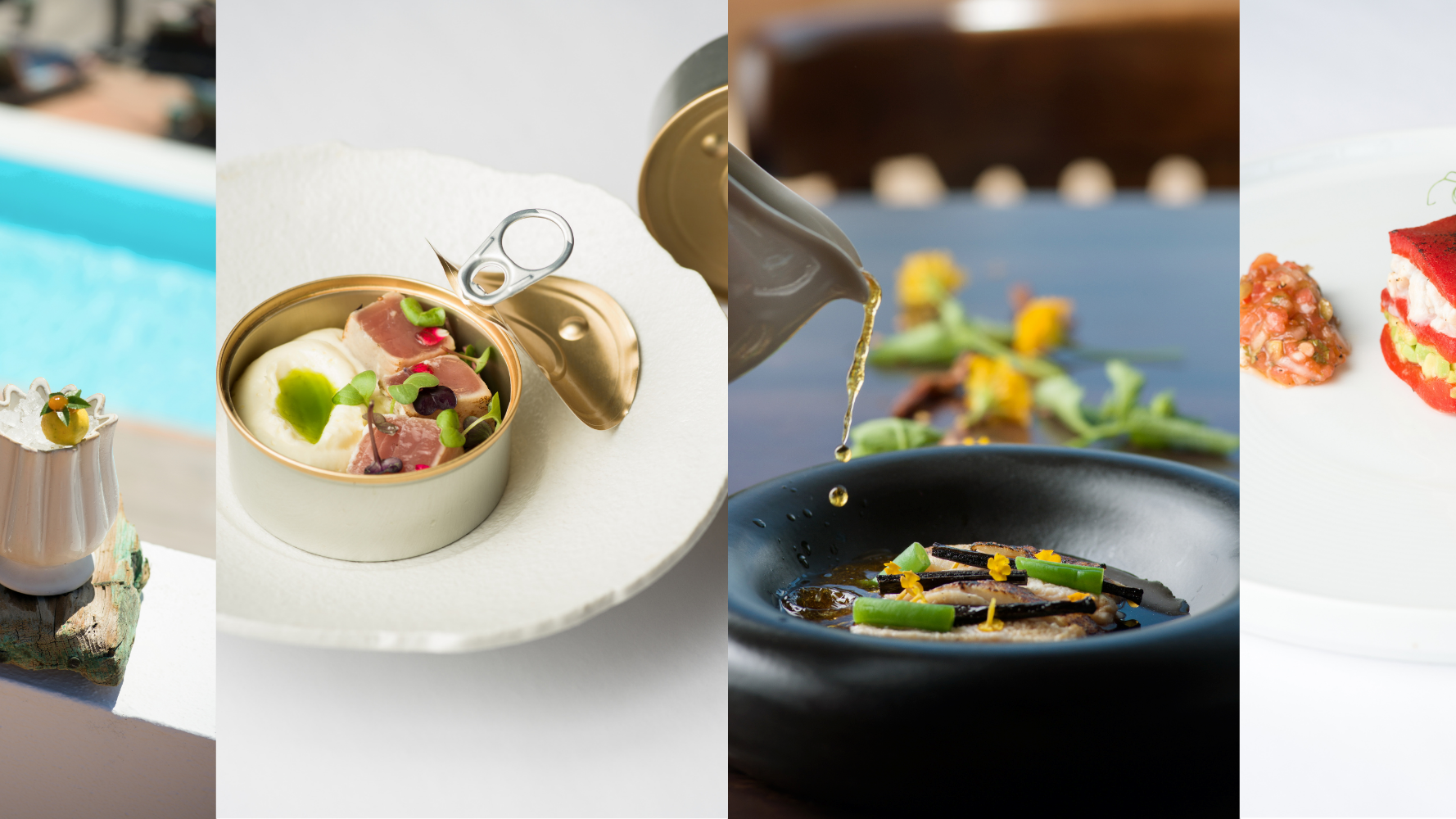 A food-and-dining collage: poolside table decor, an opened can being poured, and plated savory and dessert dishes.