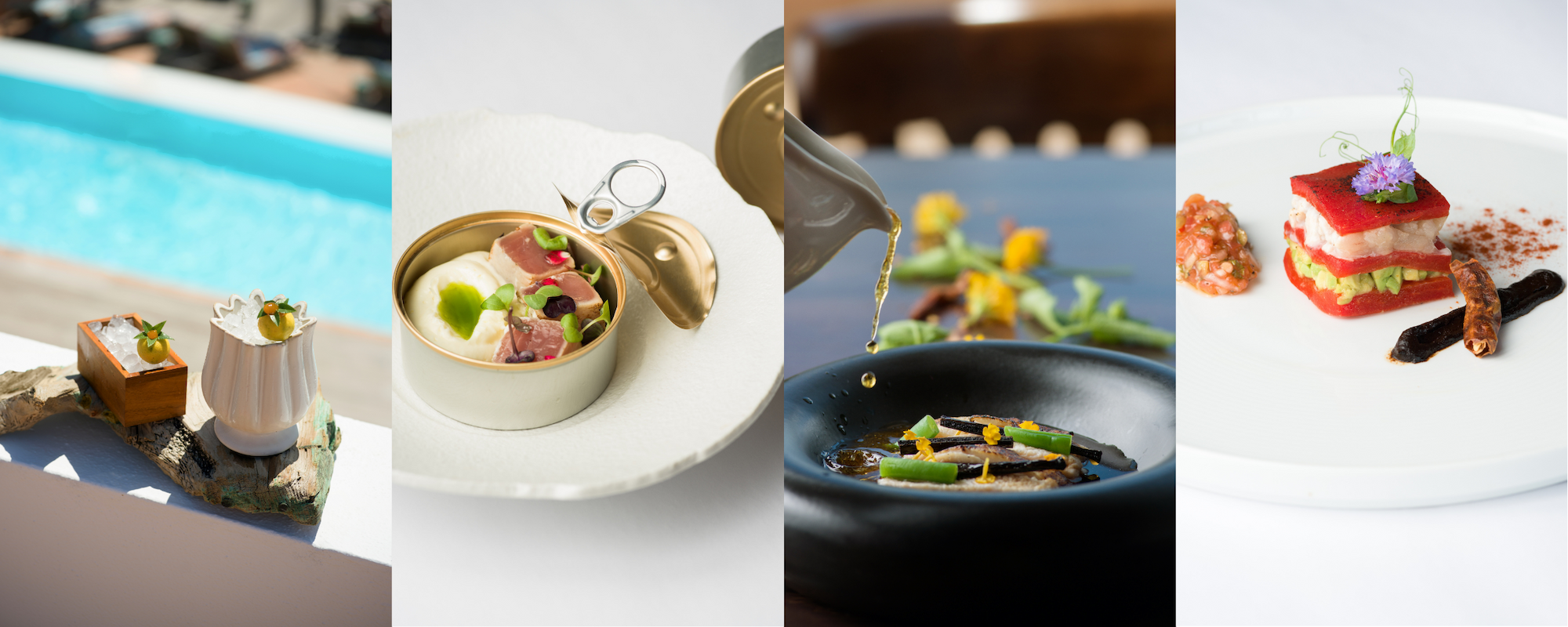 A food-and-dining collage: poolside table decor, an opened can being poured, and plated savory and dessert dishes.