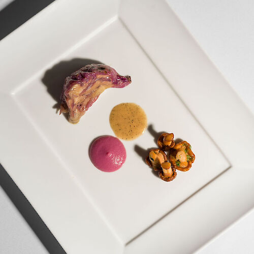 A gourmet dish on a square plate featuring sliced meat, a pink sauce, a brown sauce, and a small portion of vegetables.