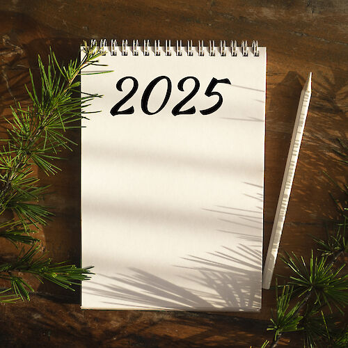 A notebook with "2025" written on it, surrounded by pine branches and accompanied by a pencil, placed on a wooden surface.