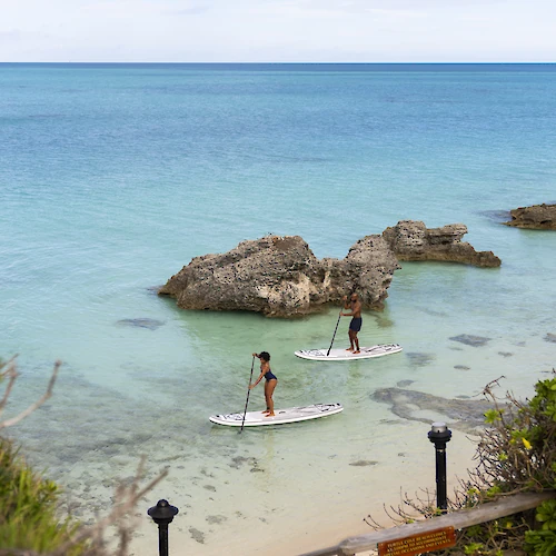 Two people are paddleboarding near rocks in clear, calm water, surrounded by greenery, under an overcast sky.