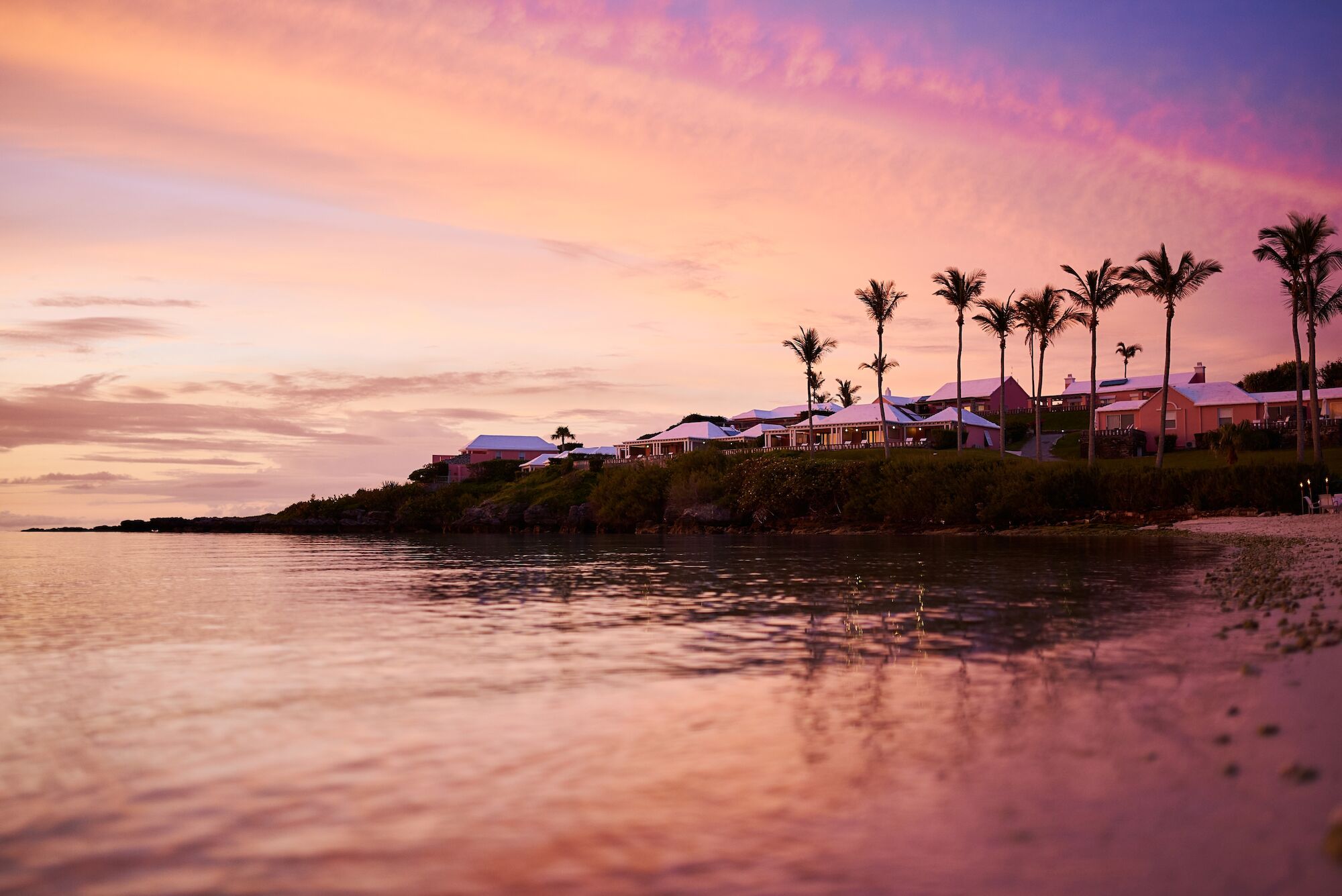 A picturesque beach scene at sunset with pink and orange skies, palm trees, and buildings along the shoreline, reflecting on calm water.