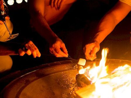 People are roasting marshmallows over a fire pit.