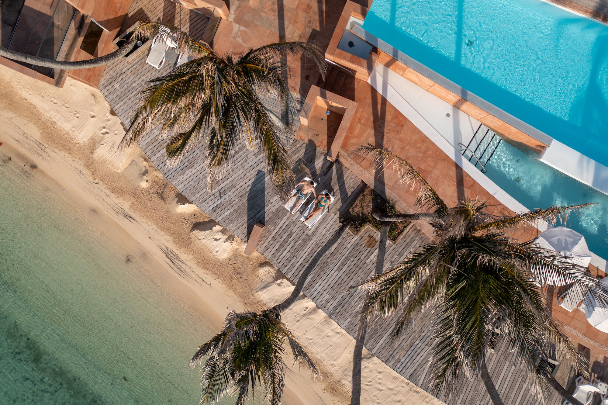 Aerial view of a beach scene with palm trees, pool, and two people sunbathing on a wooden deck by the ocean.