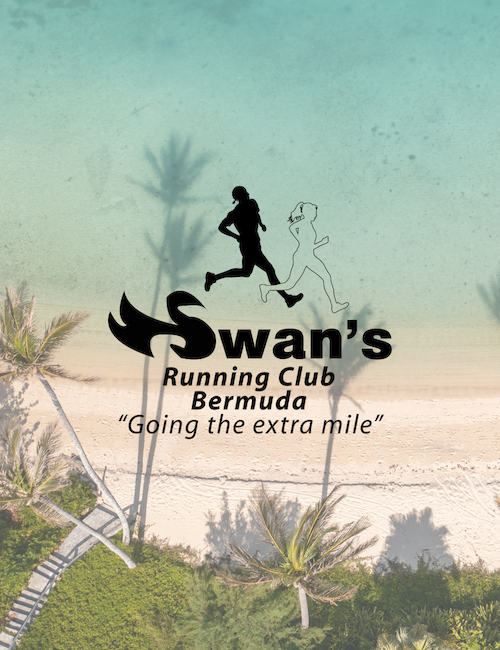 Image of a beach with "Swan's Running Club Bermuda" logo and slogan "Going the extra mile" superimposed over it.