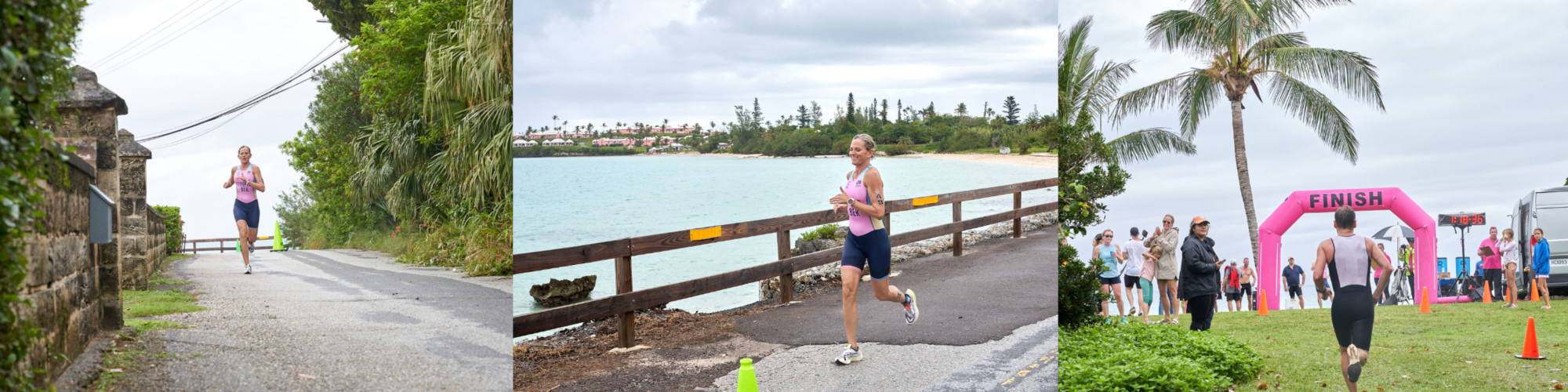 The image shows a person running in a race, passing scenic spots and heading towards a pink finish line arch.