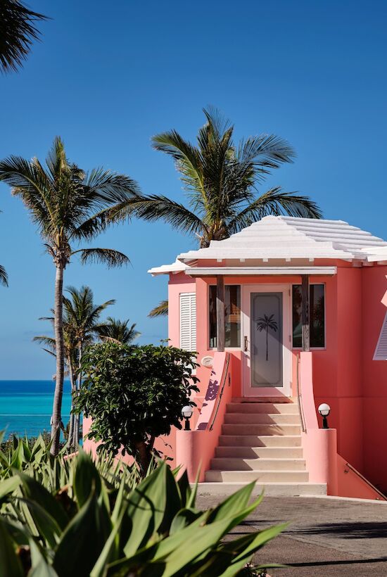 A pink villa by the sea with stairs to the entrance, palm trees, tropical plants, and a clear blue sky in a sunny coastal setting.