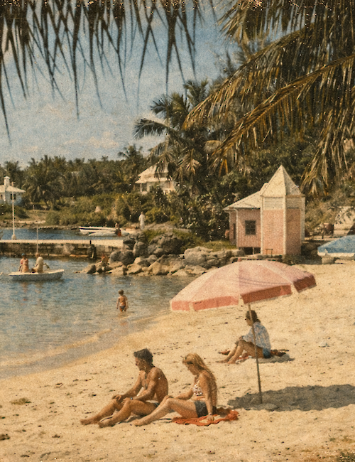 People relaxing on a sandy beach with palm trees, clear water, small boats, and a few shaded umbrellas under a sunny sky, vintage vacation scene.
