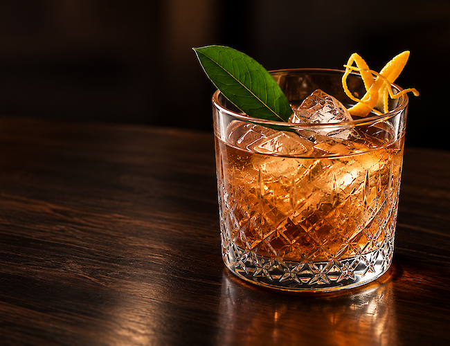 Amber whisky cocktail with ice in a faceted glass, garnished with a green leaf and orange peel twist, on a wooden bar.