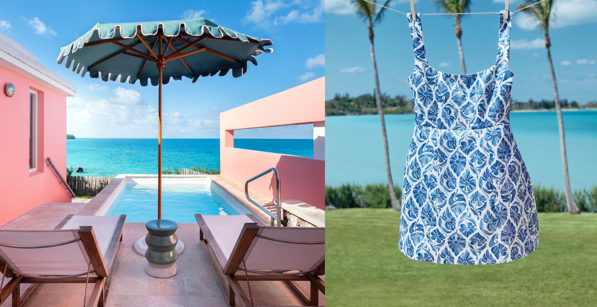 A seaside pool scene with a parasol, loungers, and a hanging patterned dress, set against blue skies and water.