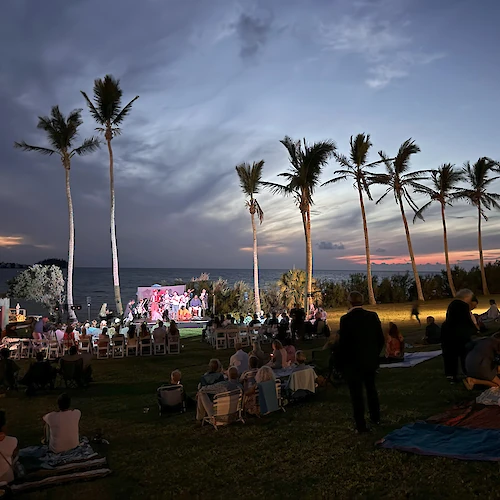 People are gathered on a grassy area near palm trees at dusk, enjoying an outdoor event with a lit stage.