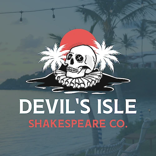 The image features a graphic with a skull, palm trees, and the text "Devil's Isle Shakespeare Co." against a coastal backdrop.