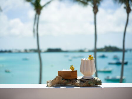 A sunny seaside view with a glass dessert cup topped with lemons on a rustic stand, while the ocean and sails blur in the background.