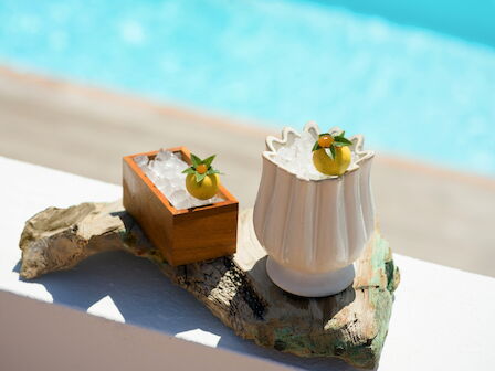 Two cocktails with ice and citrus garnishes sit by a pool on a stone ledge in bright sunlight.