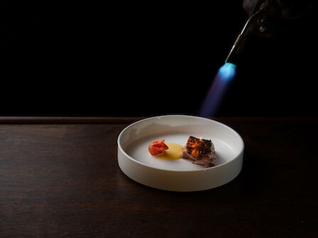 A chef torch flamb&eacute;s meat on a plate with sauce and garnish, as shown in this dramatic close-up.