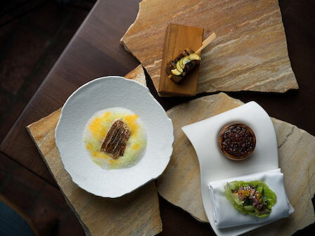 Fine-dining plates with seared meat in golden sauce, zucchini-and-mushroom bites, dark bean sauce, and a small salad on stone.